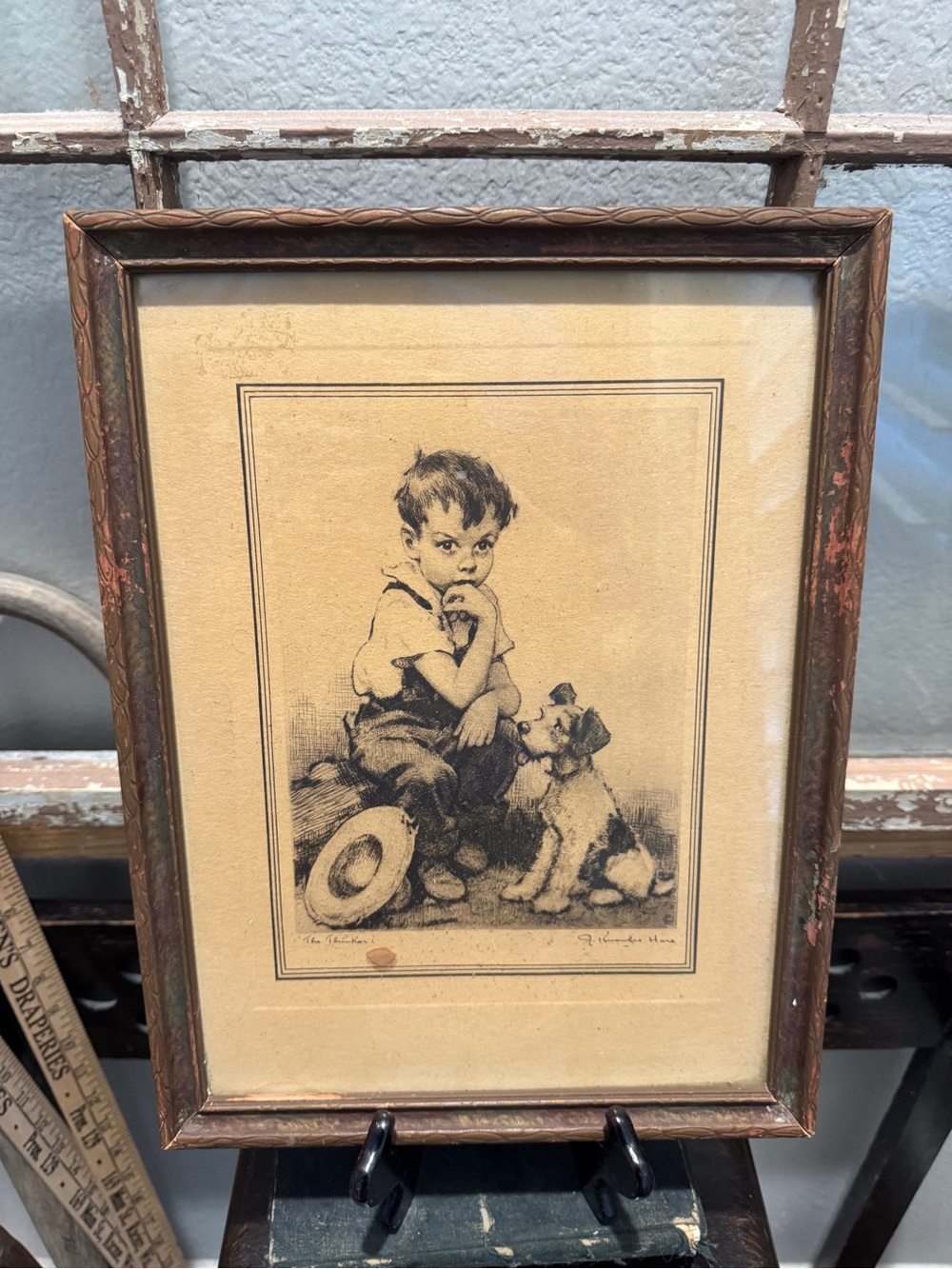 Framed vintage 1950s lithograph print titled "The Thinker!" by John Knowles Hare
